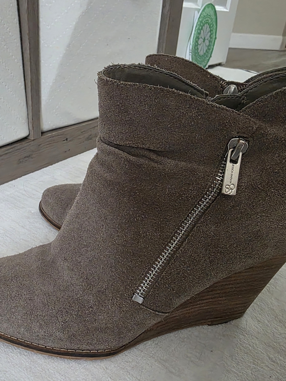 Jessica Simpson Taupe Suede Wedge Ankle Boots with Side Zip